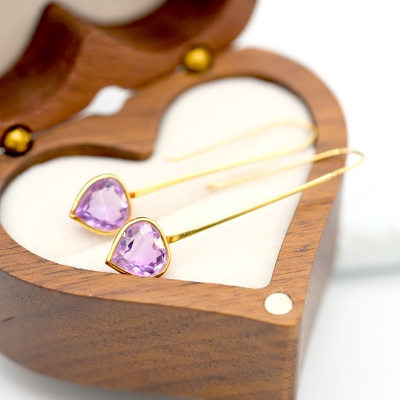 14K Yellow Gold Amethyst Drop earrings 1.5” dangle minimalist Luxe jewelry - Picture 8 of 14